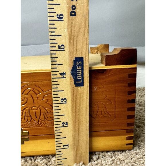 Vintage Cedar Wood Jewelry Box with Scenic Lake Print and Carved Floral Design - Picture 7 of 10